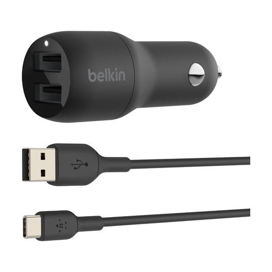 Belkin 24W Hızlı Araç Şarj Cihazı 2 Port USB Siyah+Type-C kablo